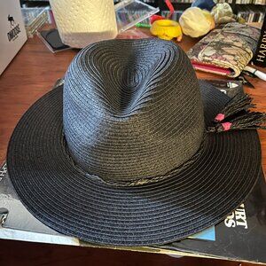 Peruvian Connection Black Vallarta Wide Brim Fedora Paper Straw Hat NWT Tassel